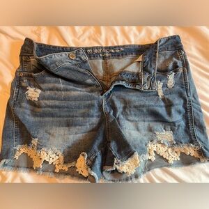 Maurices Blue Ripped Jean Shorts with Lace Trim